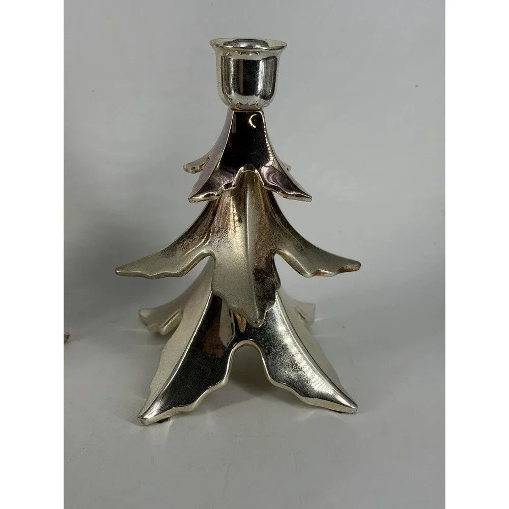 Vntg 2003 Pottery Barn Silverplate Metal Christmas Tree Taper Candle Holders Set